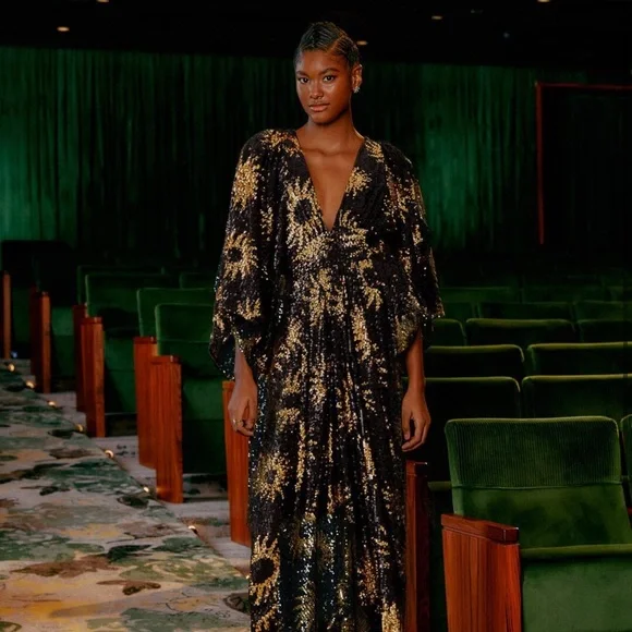 NWT RARE Farm Rio Sunny Mood Sequin Maxi Dress Black Gold Extra Large XL - Picture 2 of 16